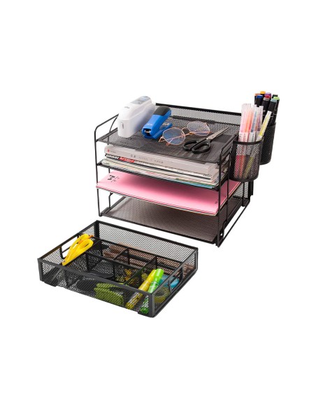 Organizador sobremesa q-connect kf17291 bandeja metalica rejilla negra con 6 departamentos 235x183x65 mm