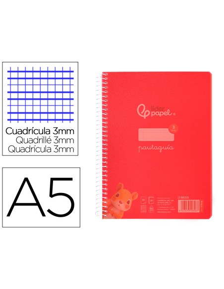 Cuaderno espiral liderpapel a5 pautaguia tapa plastico 80h 90gr cuadro pautado 3 mm con margen color rojo
