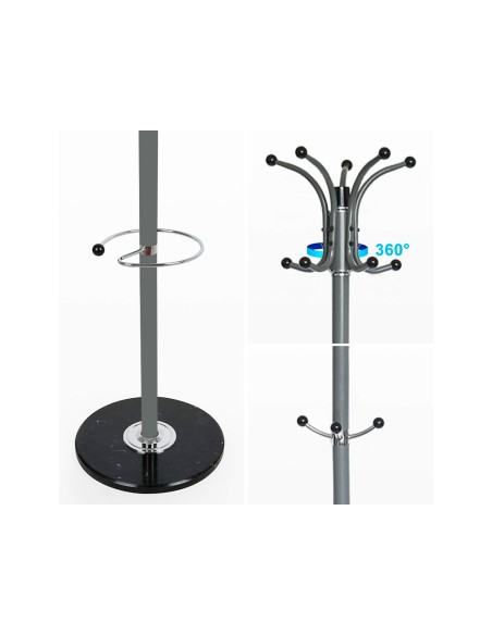 Perchero metalico q-connect gris de pie 10 colgadores y paraguero 174x40cm