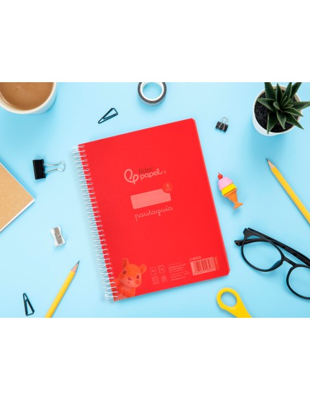Cuaderno espiral liderpapel a5 pautaguia tapa plastico 80h 90gr cuadro pautado 3 mm con margen color rojo