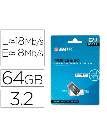 Memoria emtec usb 3.2 dual mobile & go type-c /usb 64 gb