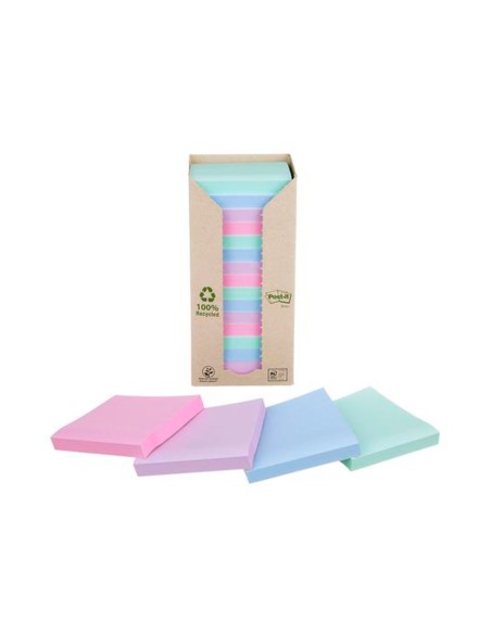 Bloc de notas adhesivas quita y pon post-it 76x76 mm 100% reciclada pefc en torre pack de 16 unidades colores
