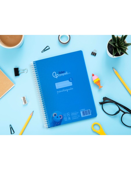 Cuaderno espiral liderpapel a5 pautaguia tapa plastico 80h 90gr cuadro pautado 3 mm con margen color azul