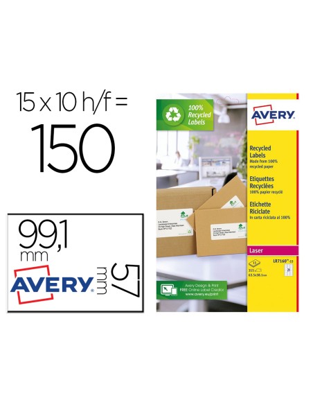 Etiqueta adhesiva avery blanca permanente reciclada 100% paraimpresora laser 99,1x57 mm caja de 150 unidades