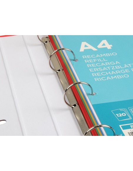 Carpeta con recambio liderpapel a4 cuadro 5 mm 120 hojas 80 g forrada 4 anillas 40 mm redondas colores surtido