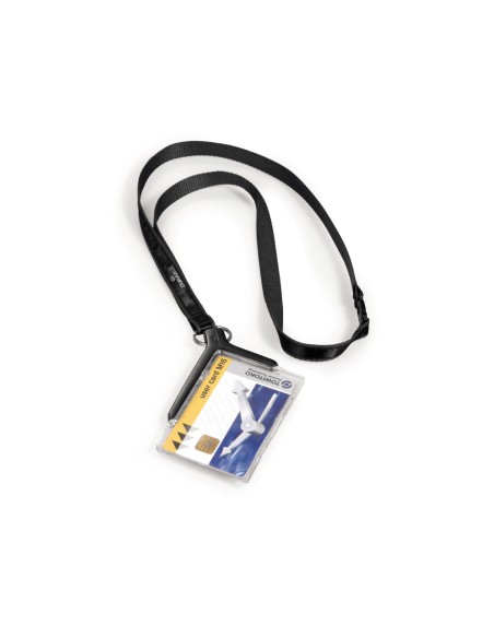 Identificador con cordon textil durable acrilico para 1 tarjeta 54x85 mm