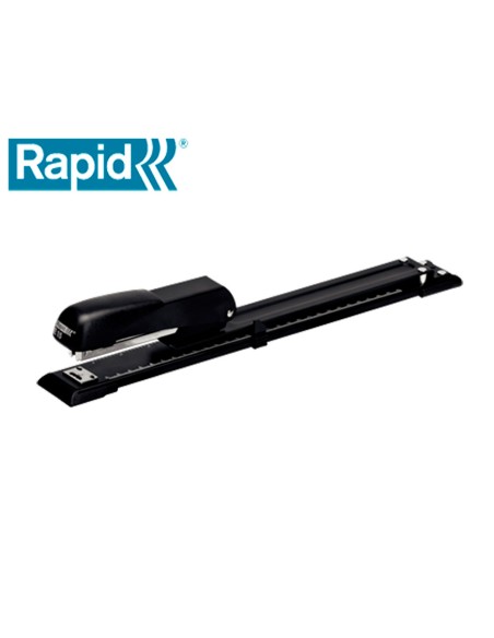 Grapadora rapid e15 metalica brazo largo capacidad 20 hojas usa grapas 24/6 y 26/26 color negro
