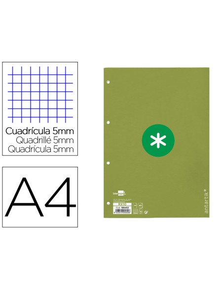Recambio antartik a4 80 hojas 90gr cuadro 5mm 4 taladros 1 banda con marco color verde
