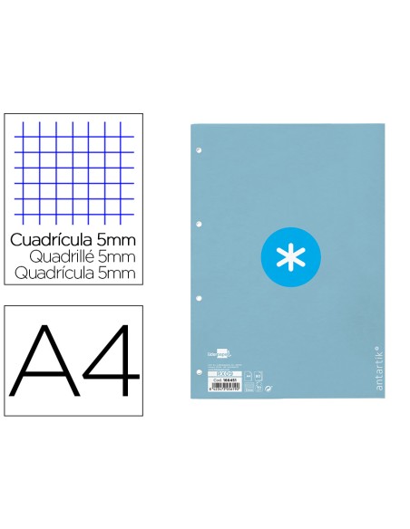 Recambio antartik a4 80 hojas 90gr cuadro 5mm 4 taladros 1 banda con marco color celeste