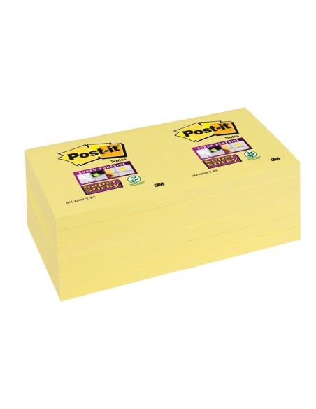 Bloc de notas adhesivas quita y pon post-it super sticky 76x127 mm con 12 bloc amarillo canario