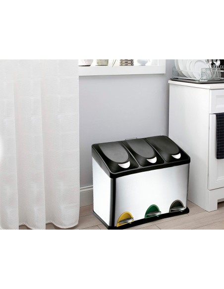 Papelera contenedor q-connect metalica con tapadera de plastico y pedal 3 depositos 45l 605x340x485 mm