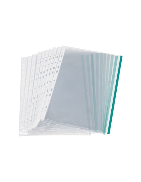 Funda multitaladro q-connect din a4 70 mc pp cristal con borde verde bolsa de 10 unidades