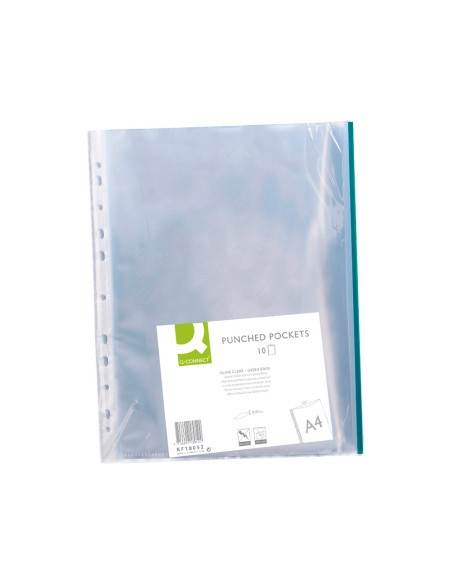Funda multitaladro q-connect din a4 70 mc pp cristal con borde verde bolsa de 10 unidades